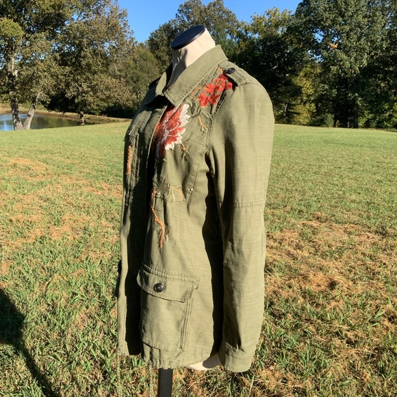 Anthropologie Hei Hei Floral Embroidered Field Utility Military  Green Jacket M - Picture 7 of 10